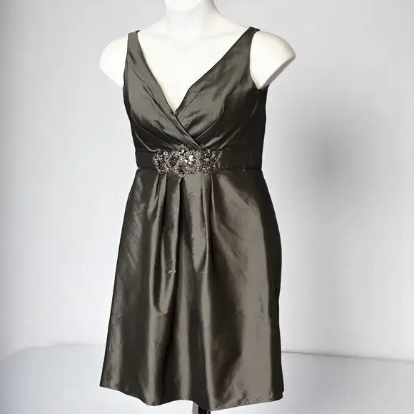 Vintage LAZARO Sleeveless Cocktail Dress Sz 10 Satin Jeweled Wedding Pewter Gray - Picture 12 of 15